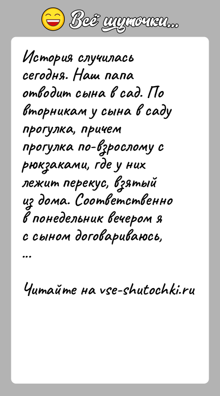 История: История случилась сегодня. Наш папа отводит сына в сад. По вторникам у сына в саду прогулка, причем прогулка по-взрослому с