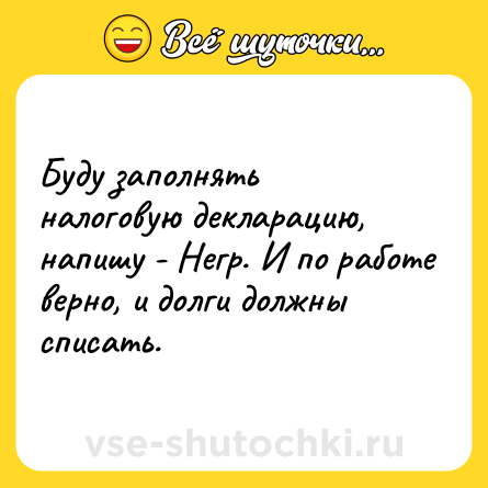 Шутка: Буду заполнять налоговую декларацию, напишу - Негр. И по работе верно, и долги должны списать.