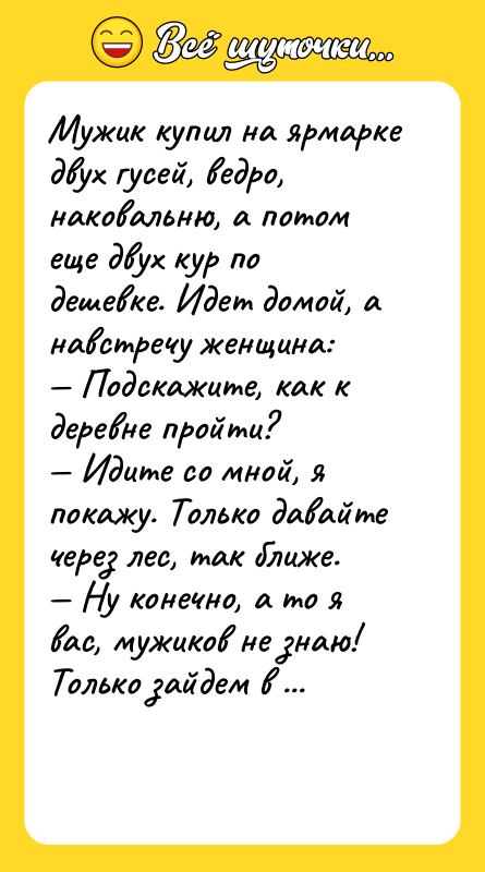 Мужик купил на ярмарке двух гусей, ведро, наковальню, а потом