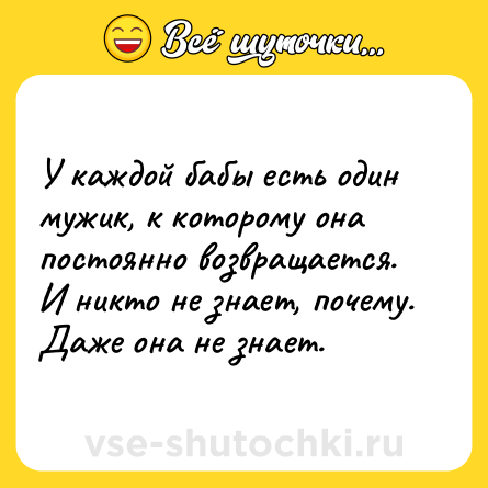 Шутка: У каждой бабы есть один мужик, к которому она постоянно возвращается. И никто не знает, почему. Даже она не знает.