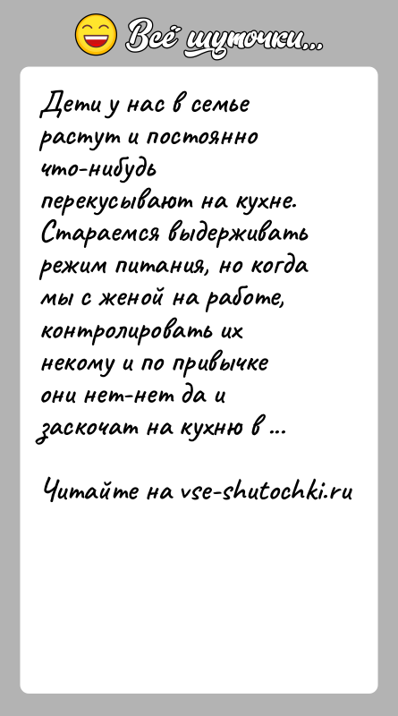 История: Дети у нас в семье растут и постоянно что-нибудь перекусывают на кухне. Стараемся выдерживать режим питания, но когда мы с
