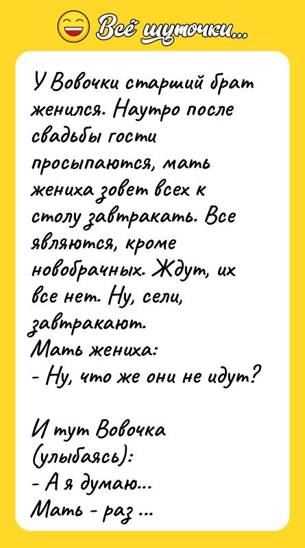 У Вовочки старший брат женился. Наутро после свадьбы гости просыпаются,