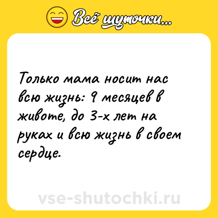Шутка: Только мама носит нас всю жизнь: 9 месяцев в животе, до 3-х лет на руках и всю жизнь в своем сердце.