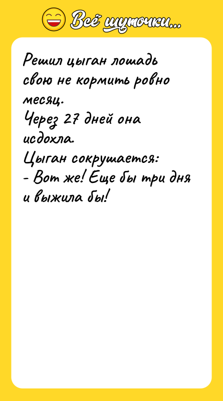 Решил цыган лошадь свою не кормить ровно месяц. Через 27
