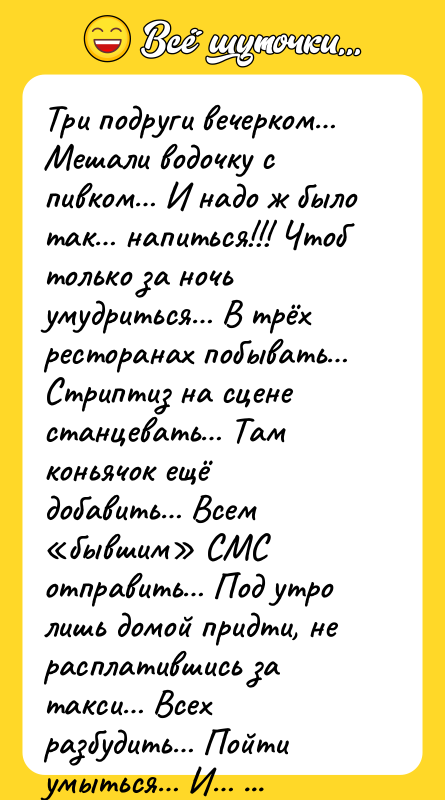 Три подруги вечерком… Мешали водочку с пивком… И надо ж