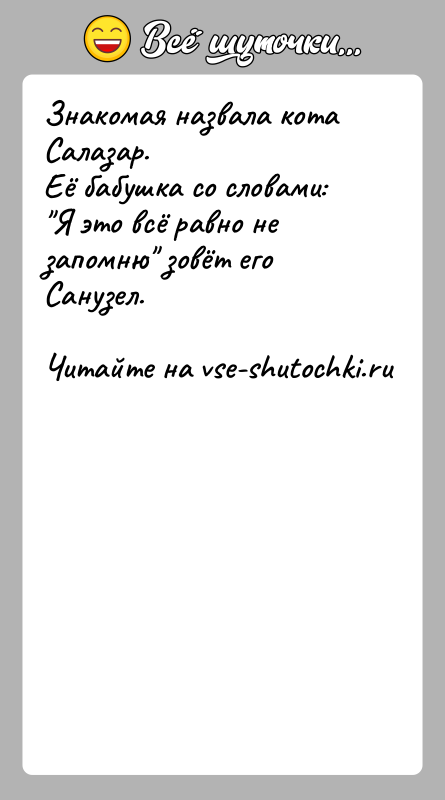 История: Знакомая назвала кота Салазар.Её бабушка со словами: Я это всё равно не запомню зовёт его Санузел.