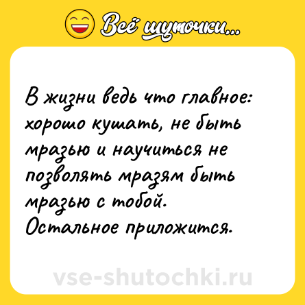 Шутка: В жизни ведь что главное: хорошо кушать, не быть мразью и научиться не позволять мразям быть мразью с тобой. Остальное приложится.