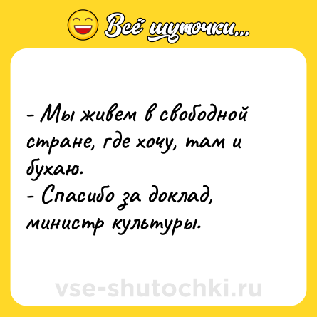 Шутка: - Мы живем в свободной стране, где хочу, там и бухаю. <br>- Спасибо за доклад, министр культуры.