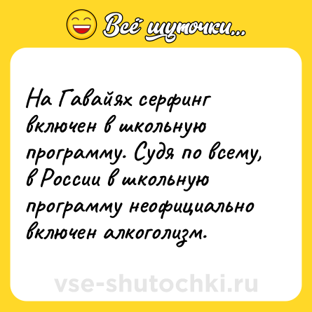 Шутка: На Гавайях серфинг включен в школьную программу. Судя по всему, в России в школьную программу неофициально включен алкоголизм.