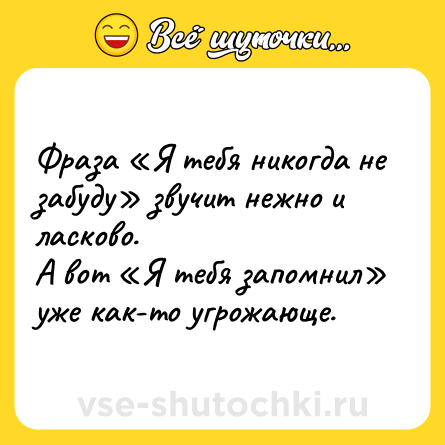 Шутка: Фраза «Я тебя никогда не забуду» звучит нежно и ласково.<br>А вот «Я тебя запомнил» уже как-то угрожающе.