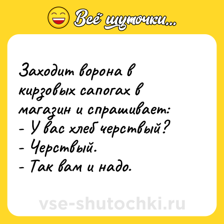 Шутка: Заходит ворона в кирзовых сапогах в магазин и спрашивает:<br>- У вас хлеб черствый? <br>- Черствый. <br>- Так вам и надо.