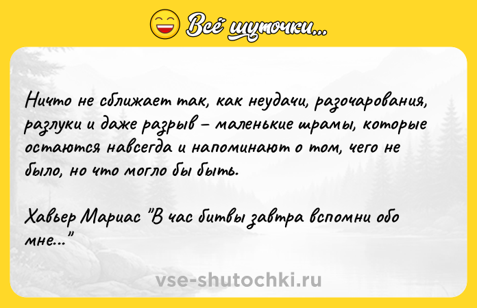 Цитата: Ничто не сближает так, как неудачи, разочарования, разлуки и даже разрыв маленькие шрамы, которые остаются навсегда и напоминают о том, чего не было, но что могло бы быть.Хавьер Мариас В час битвы завтра вспомни обо мне...