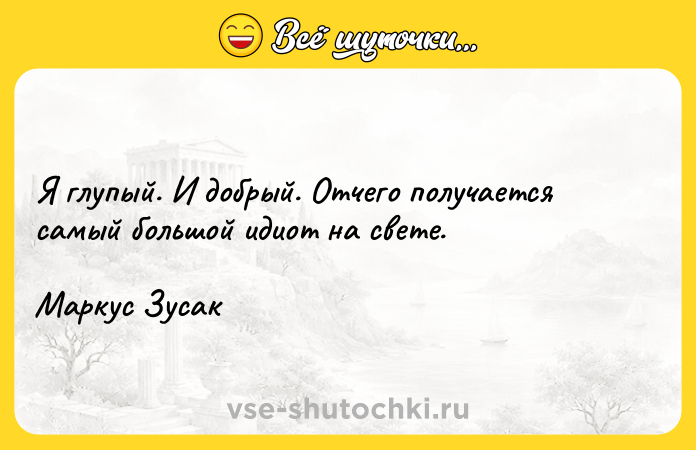 Цитата: Я глупый. И добрый. Отчего получается самый большой идиот на свете.Маркус Зусак