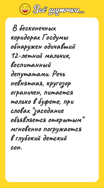  В бесконечных коридорах Госдумы обнаружен одичавший 12-летний мальчик, воспитанный