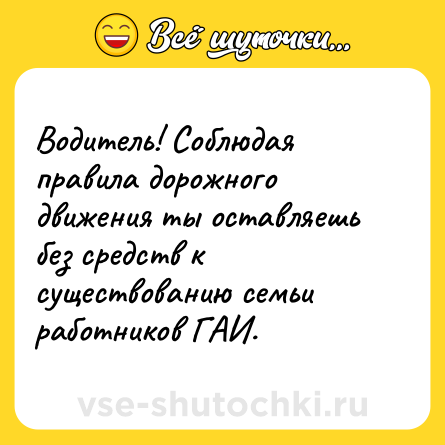 Шутка: Водитель! Соблюдая правила дорожного движения ты оставляешь без средств к существованию семьи работников ГАИ.