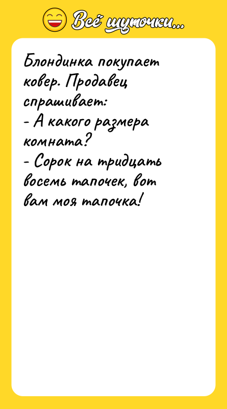 Блондинка покупает ковер. Продавец спрашивает: - А какого размера комната?