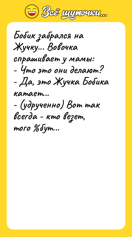 Бобик забрался на Жучку... Вовочка спрашивает у мамы: - Что