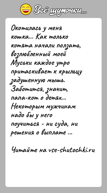 История: Окотилась у меня кошка... Как только котята начали ползать, возлюбленный моей Муськи каждое утро притаскивает к крыльцу задушенную мышь. Заботится,