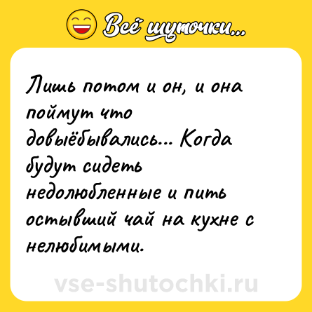 Шутка: Лишь потом и он, и она поймут что довыёбывались... Когда будут сидеть недолюбленные и пить остывший чай на кухне с нелюбимыми.