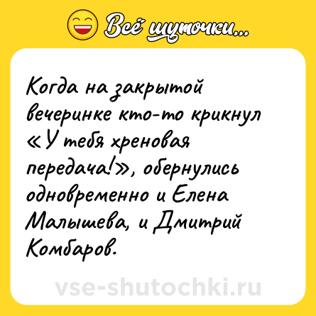 Шутка: Когда на закрытой вечеринке кто-то крикнул «У тебя хреновая передача!», обернулись одновременно и Елена Малышева, и Дмитрий Комбаров.
