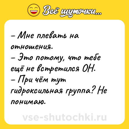 Шутка: – Мне плевать на отношения.<br>– Это потому, что тебе ещё не встретился ОН.<br>– При чём тут гидроксильная группа? Не понимаю.