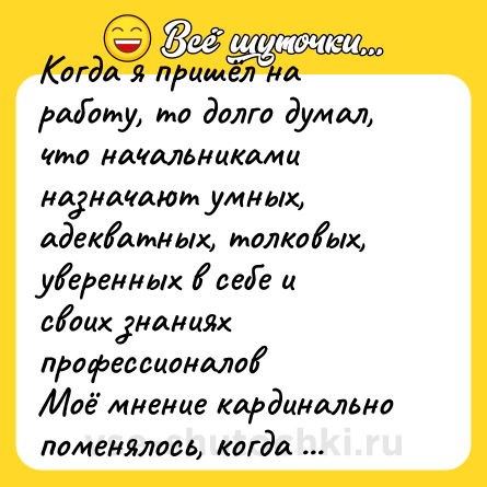Шутка: Когда я пришёл на работу, то долго думал, что начальниками назначают умных, адекватных, толковых, уверенных в себе и своих знаниях профессионалов<br>Моё мнение кардинально поменялось, когда начальником назначили меня.