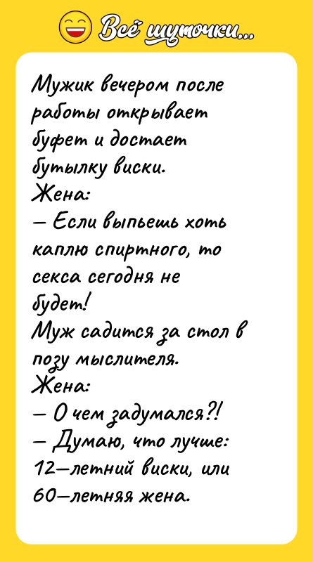 Мужик вечером после работы открывает буфет и достает бутылку виски.