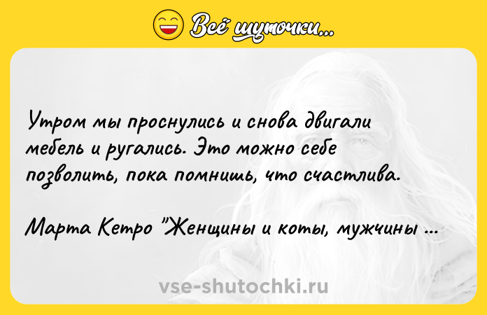 Цитата: Утром мы проснулись и снова двигали мебель и ругались. Это можно себе позволить, пока помнишь, что счастлива.Марта Кетро Женщины и коты, мужчины и кошки