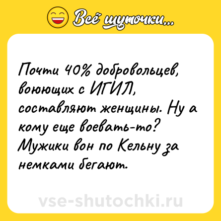 Шутка: Почти 40% добровольцев, воюющих с ИГИЛ, составляют женщины. Ну а кому еще воевать-то? Мужики вон по Кельну за немками бегают.