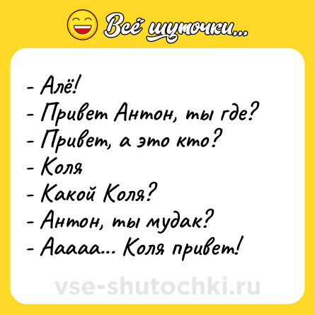 Шутка: - Алё! <br>- Привет Антон, ты где? <br>- Привет, а это кто? <br>- Коля <br>- Какой Коля? <br>- Антон, ты мудак? <br>- Ааааа... Коля привет!