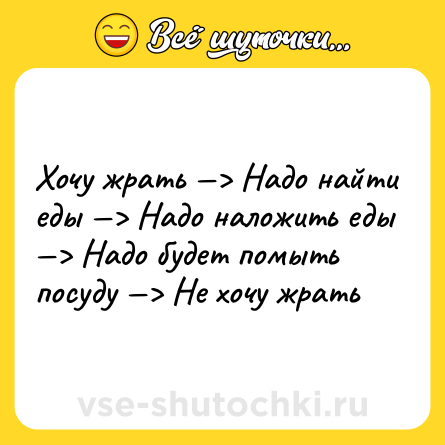 Шутка: Хочу жрать —> Надо найти еды —> Надо наложить еды —> Надо будет помыть посуду —> Не хочу жрать