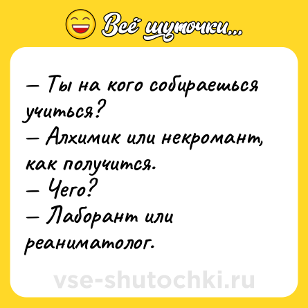 Шутка: — Ты на кого собираешься учиться? <br>— Алхимик или некромант, как получится. <br>— Чего? <br>— Лаборант или реаниматолог.