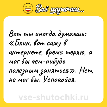 Шутка: Вот ты иногда думаешь: «Блин, вот сижу в интернете, время теряю, а мог бы чем-нибудь полезным заняться». Нет, не мог бы. Успокойся.