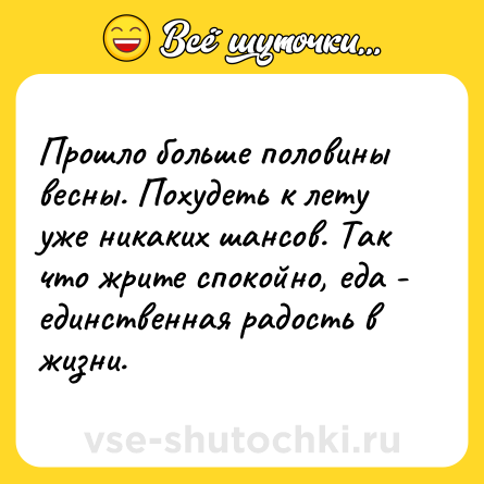 Шутка: Прошло больше половины весны. Похудеть к лету уже никаких шансов. Так что жрите спокойно, еда - единственная радость в жизни.