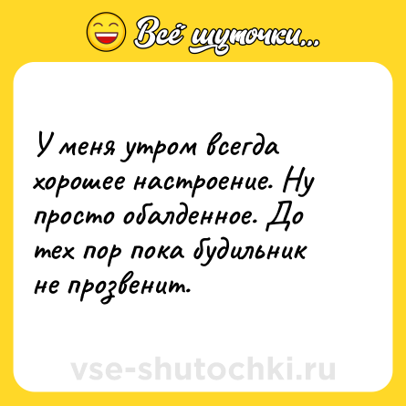 Шутка: У меня утром всегда хорошее настроение. Ну просто обалденное. До тех пор пока будильник не прозвенит.