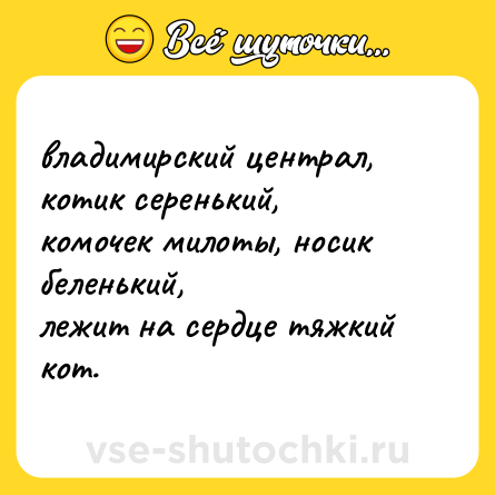 Шутка: владимирский централ, котик серенький,  <br>комочек милоты, носик беленький,  <br>лежит на сердце тяжкий кот.