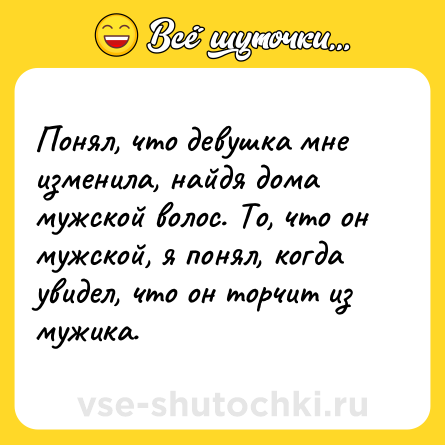 Шутка: Понял, что девушка мне изменила, найдя дома мужской волос. То, что он мужской, я понял, когда увидел, что он торчит из мужика.