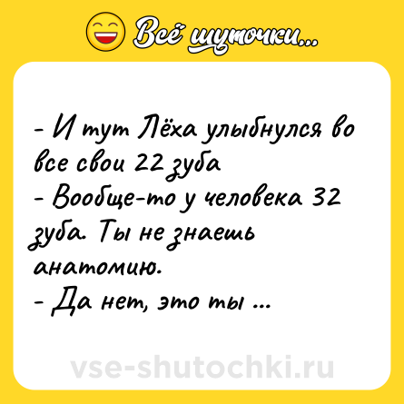 Шутка: - И тут Лёха улыбнулся во все свои 22 зуба <br>- Вообще-то у человека 32 зуба. Ты не знаешь анатомию. <br>- Да нет, это ты не знаешь Лёху.
