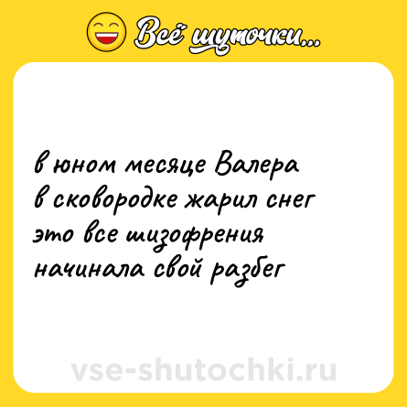Шутка: в юном месяце Валера  <br>в сковородке жарил снег  <br>это все шизофрения  <br>начинала свой разбег
