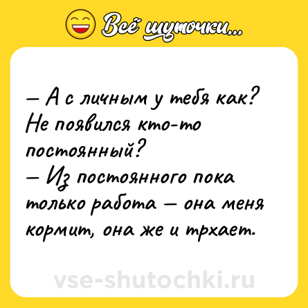 Шутка: — А с личным у тебя как? Не появился кто-то постоянный?<br>— Из постоянного пока только работа — она меня кормит, она же и трхает.