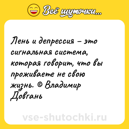 Шутка: Лень и депрессия – это сигнальная система, которая говорит, что вы проживаете не свою жизнь. © Владимир Довгань