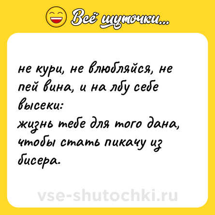 Шутка: не кури, не влюбляйся, не пей вина, и на лбу себе высеки:  <br>жизнь тебе для того дана, чтобы стать пикачу из бисера.