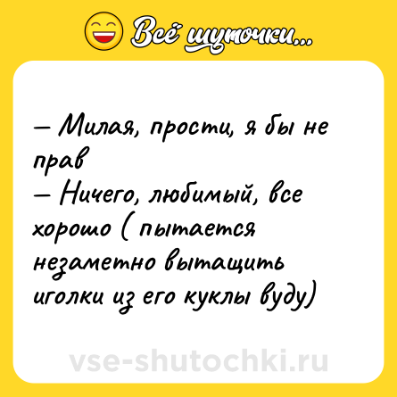 Шутка: — Милая, прости, я бы не прав <br>— Ничего, любимый, все хорошо ( пытается незаметно вытащить иголки из его куклы вуду)