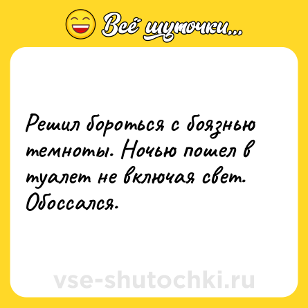 Шутка: Решил бороться с боязнью темноты. Ночью пошел в туалет не включая свет. Обоссался.