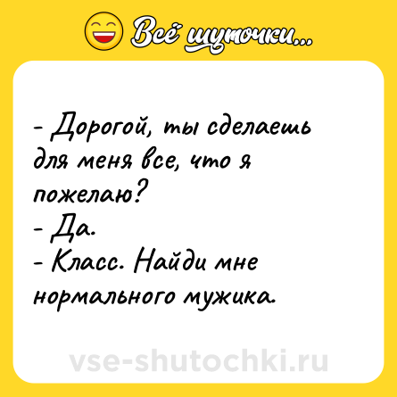 Шутка: - Дорогой, ты сделаешь для меня все, что я пожелаю?<br>- Да.<br>- Класс. Найди мне нормального мужика.