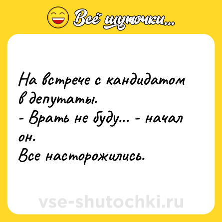 Шутка: На встрече с кандидатом в депутаты. <br>- Врать не буду... - начал он. <br>Все насторожились.