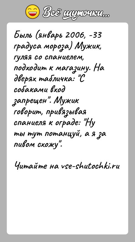 История: Быль (январь 2006, -33 градуса мороза) Мужик, гуляя со спаниелем, подходит к магазину. На дверях табличка: С собаками вход запрещен .