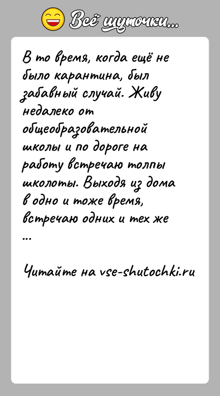 История: В то время, когда ещё не было карантина, был забавный случай. Живу недалеко от общеобразовательной школы и по дороге на