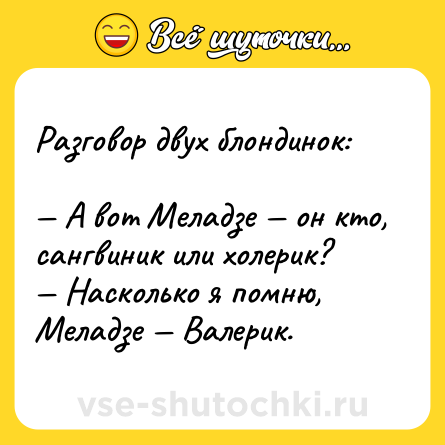 Шутка: Разговор двух блондинок:  <br>— А вот Меладзе — он кто, сангвиник или холерик?  <br>— Насколько я помню, Меладзе — Валерик.