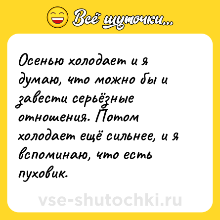 Шутка: Осенью холодает и я думаю, что можно бы и завести серьёзные отношения. Потом холодает ещё сильнее, и я вспоминаю, что есть пуховик.